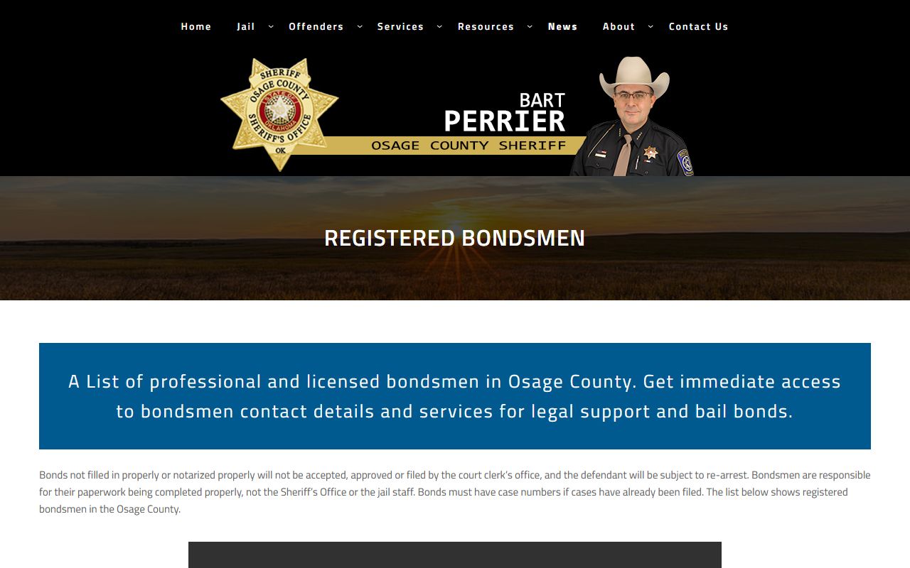 Osage County registered bondsmen page for arrest records and court charges