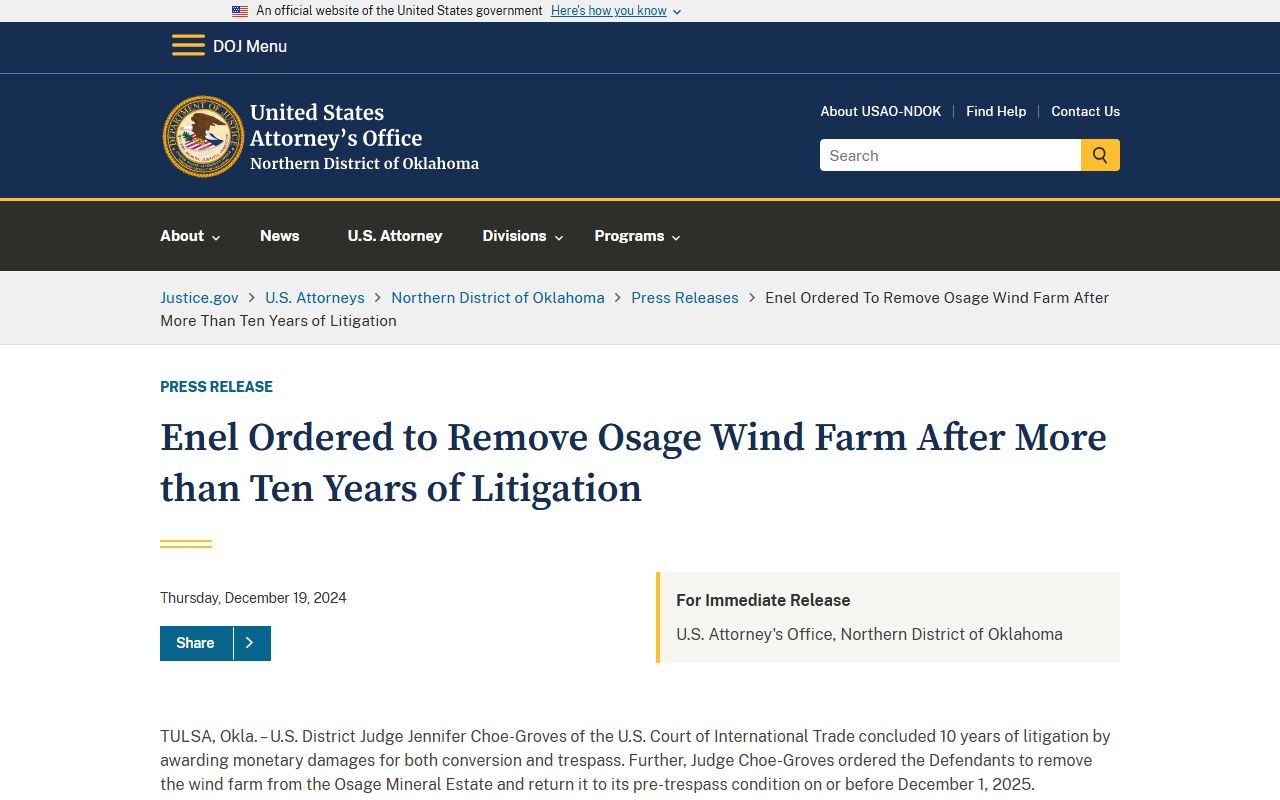 Osage County DOJ Osage Wind release for arrest records and court charges