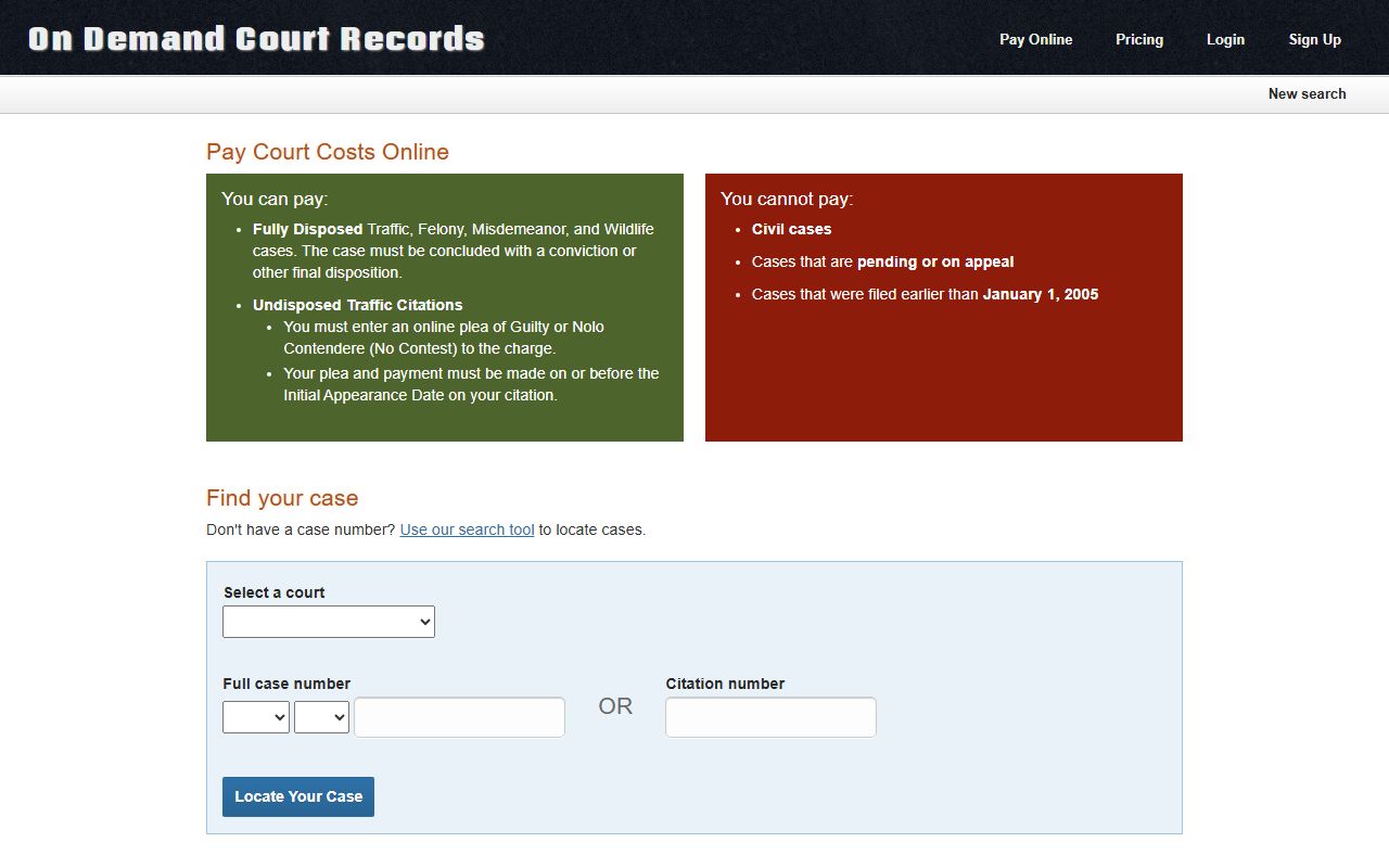 Osage County court dockets ODCR payment page for disposed cases