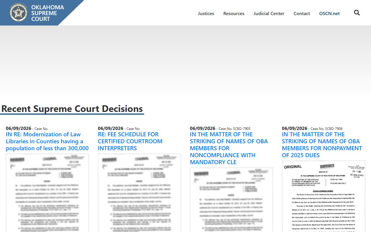 Osage County court dockets Oklahoma Supreme Court and OSCN landing page