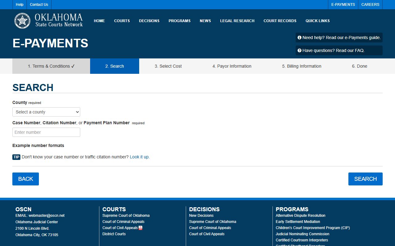 Osage County court dockets OSCN e-Payments search screen