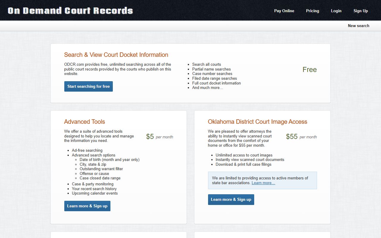 ODCR pricing page used for Osage County court records searches