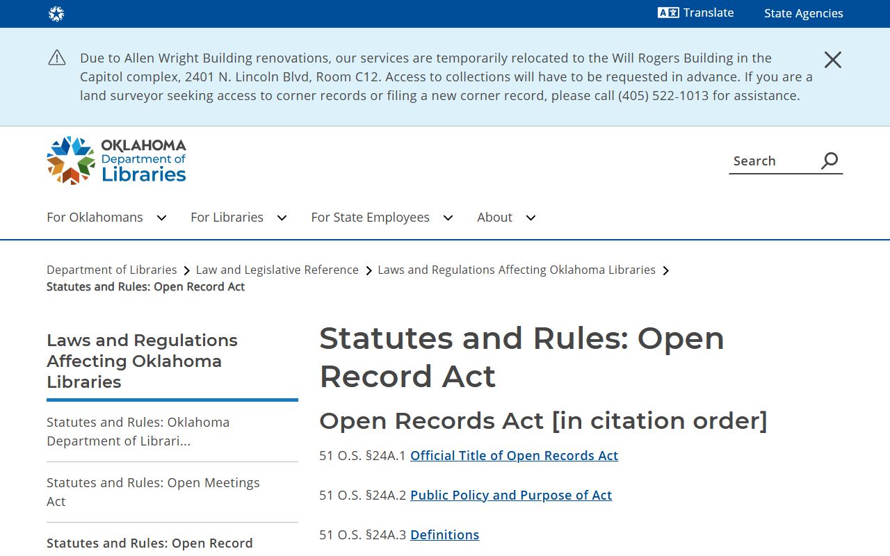 Oklahoma Open Records Act page covering Osage County court records access
