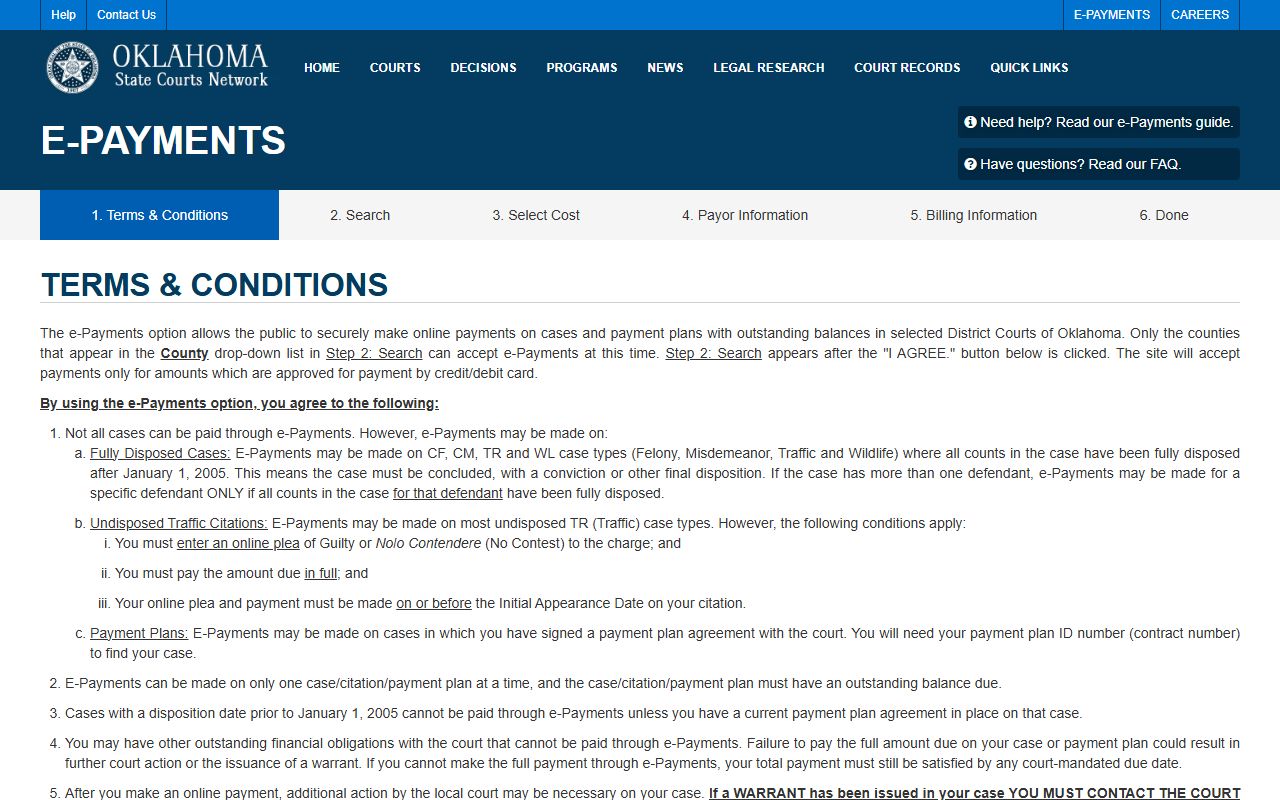 OSCN e-Payments portal for Osage County court records balances
