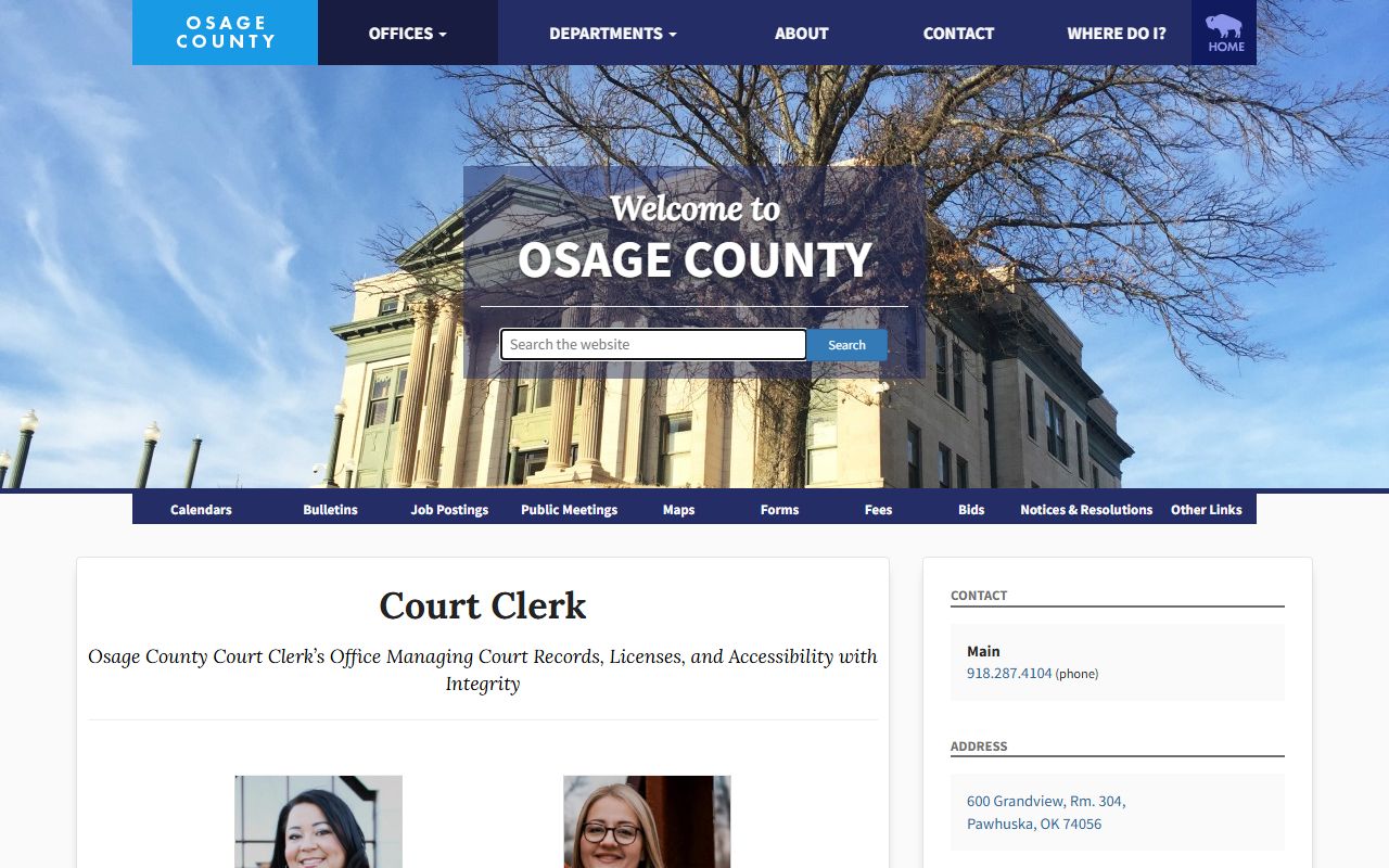 Osage County Court Clerk office page with District Court record duties