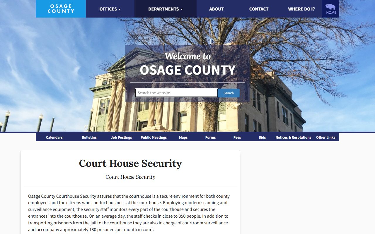 Osage County courthouse security page describing screening and prisoner transport