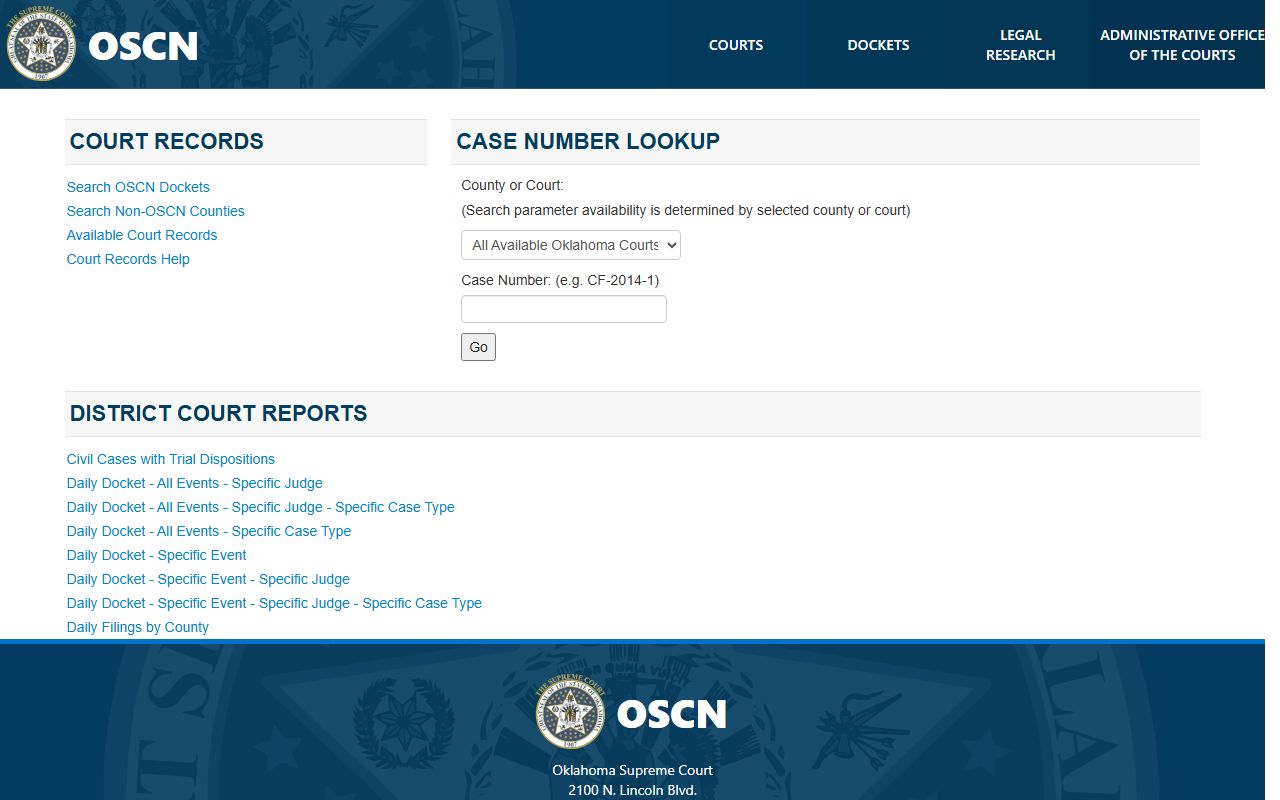 OSCN dockets landing page for Osage County court records