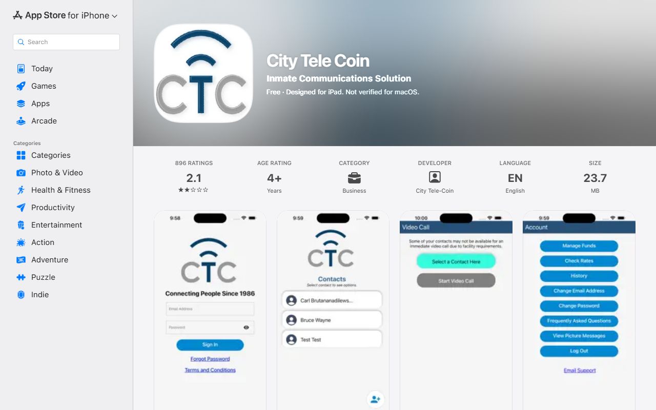 City Tele Coin app used for Osage County inmate phone, video, and email
