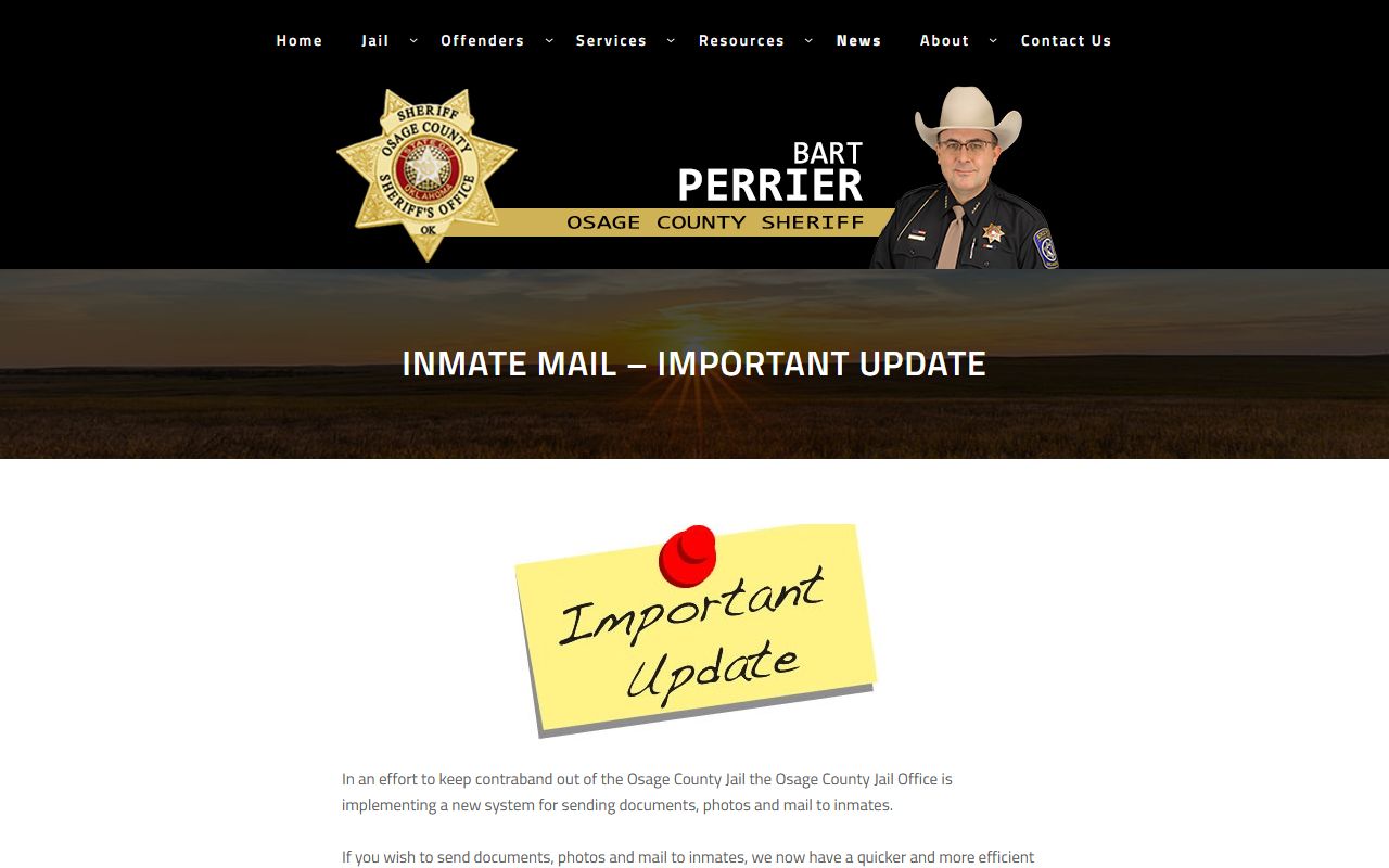 Osage County inmate mail policy update page with the Longview processing address
