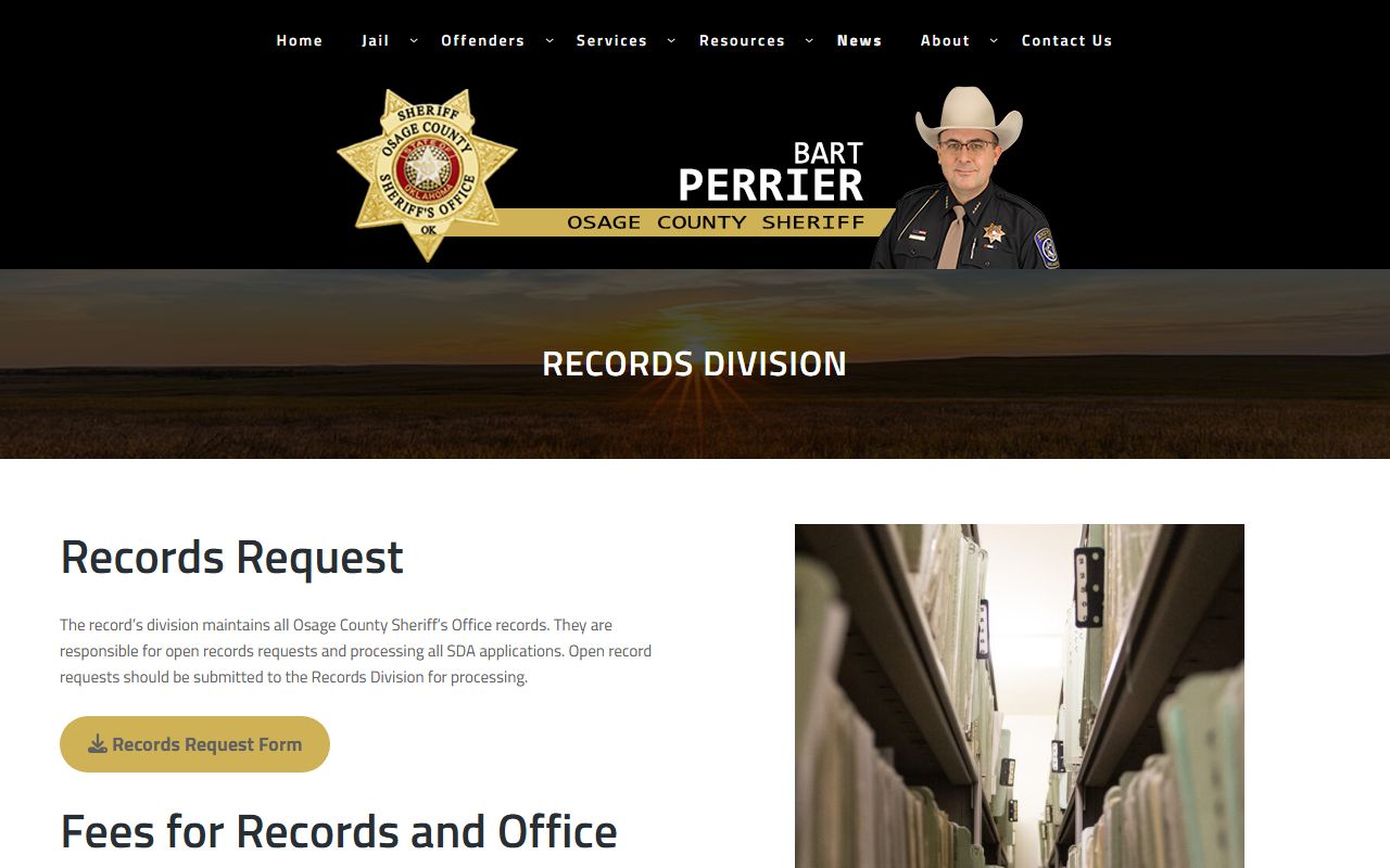 Osage County Sheriff's Records Division page for booking record requests