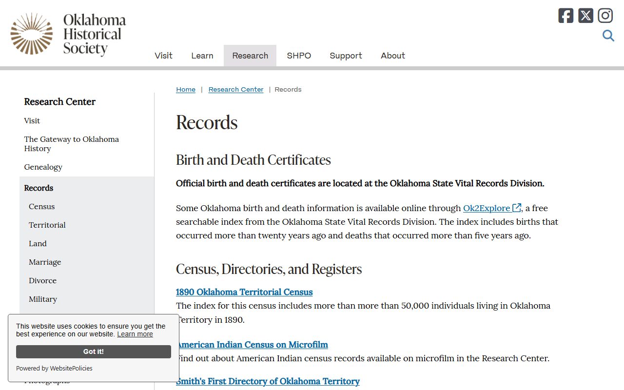 Osage County marriage and divorce records research page at the Oklahoma Historical Society