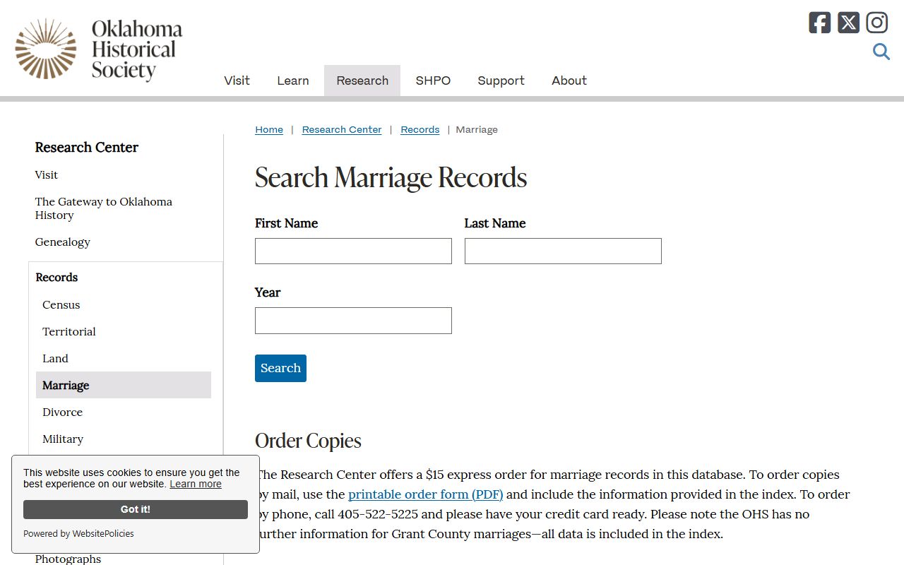 Osage County marriage and divorce records search fields on the Oklahoma Historical Society site