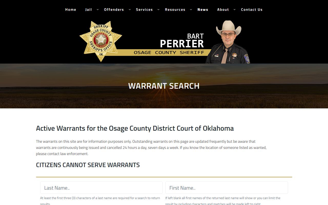Osage County active warrant search page on the Sheriff's website