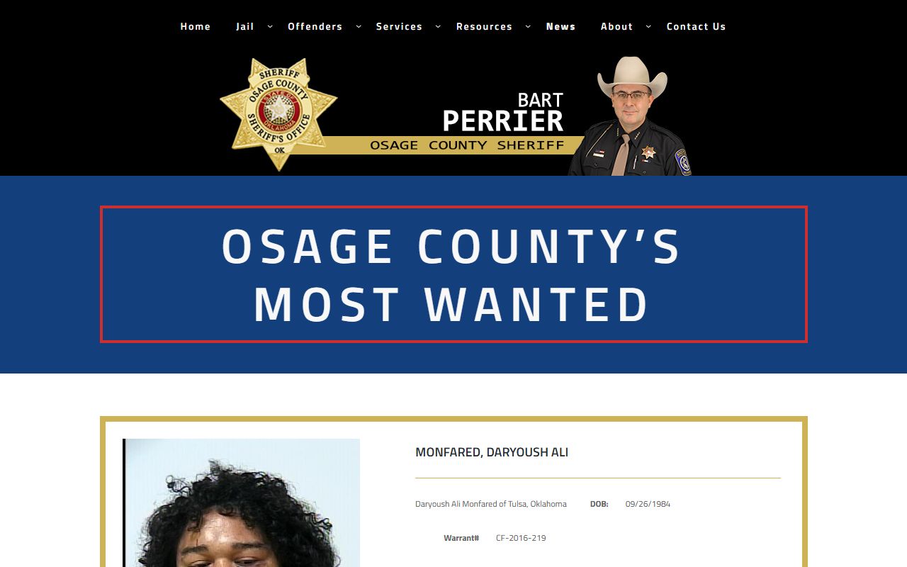 Osage County Most Wanted warrant records page on the Sheriff's website